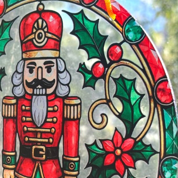 Festive Red Green Nutcracker Holly Berry Christmas Window Hanging Sun Catcher - Picture 3 of 4